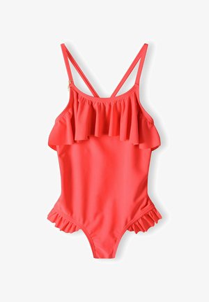 Maillot de bain une pièce froncé en corail vif, avec des bretelles réglables et des accents volants le long de l'encolure et des jambes. Texture de tissu lisse.