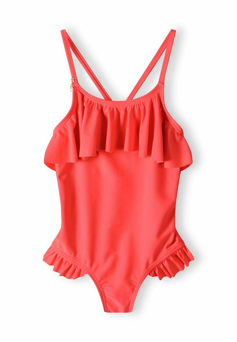 Gerimpelde eendelig zwemoutfit in fel koraal, met verstelbare bandjes en franje-accenten langs de halslijn en benen. Soepele stofstructuur.