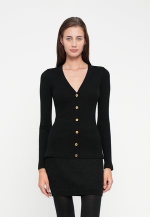 Black ribbed cardigan featuring a V-neck, long sleeves, and six gold buttons down the front. Stitched texture with a fitted silhouette.