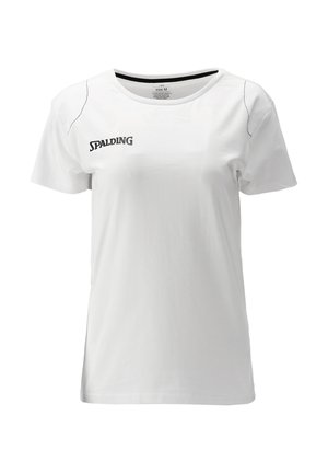 Hvid sportst-shirt med korte ærmer med sort Spalding-logo på venstre bryst og minimale sorte syninger på skuldrene.