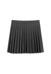 Grijze geplooide rok van stof met een gladde textuur. Heeft een aansluitende tailleband en meerdere verticale plooien.