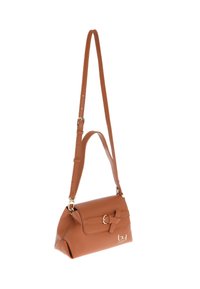 Borsa in ecopelle marrone con forma strutturata, tracolla regolabile, accessori in oro e un dettaglio decorativo a fiocco sul davanti.