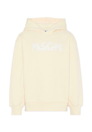 Kremowa bluza z kapturem wykonana z miękkiej bawełny, z białym logo "MSGM" w zabawnym kroju, wyraźnie widocznym na przodzie.