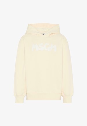 Cremefarvet hætte sweatshirt lavet af blødt bomuld, med et hvidt logo "MSGM" i en legesyg skrifttype, der er præsenteret iøjnefaldende på forsiden.