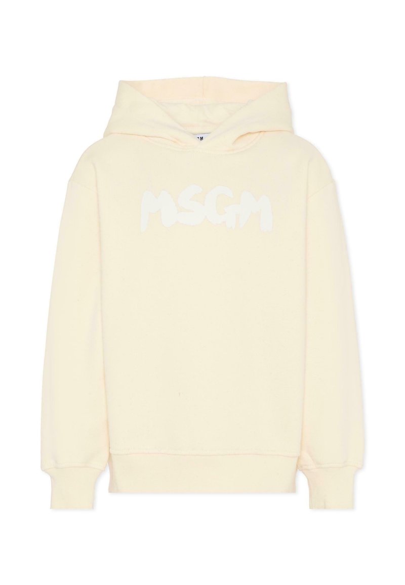 Kremowa bluza z kapturem wykonana z miękkiej bawełny, z białym logo "MSGM" w zabawnym kroju, wyraźnie widocznym na przodzie.
