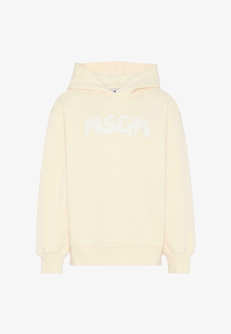 Sweatshirt à capuche crème en coton doux, arborant un logo blanc "MSGM" dans une police ludique, affiché en évidence sur le devant.
