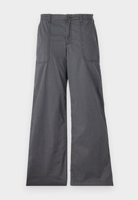 Gray wide-leg pants with a smooth texture, featuring front pockets, a button closure, and stitched detailing along the seams.