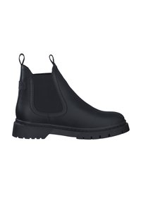 Musta Chelsea-boot, joka on valmistettu sileästä nahasta, jossa on joustavat sivupaneelit, pyöreä kärki ja paksu kumipohja, jossa on kuvioitu pinta.