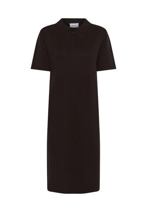 Fekete pólóruha texturált anyagból, galléros nyakkivágással, rövid ujjakkal és gombos záródással, térd fölé érkező hosszúsággal.