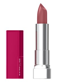Maybelline läppstift med ett rosa plastfodral och glänsande silverrör. Läppstiftet har en slät, rundad spets i en dämpad rosafärg.