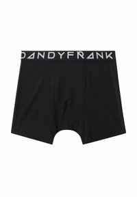 Musta bokserimallisella alushousulla, joka on valmistettu puuvillasta, tiukka istuvuus ja vyötärönauha, jossa on valkoinen "DANDYFRANK" -logo. Ei muita kuvioita tai yksityiskohtia.