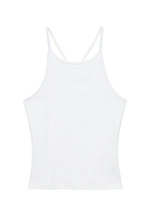 Débardeur blanc sans manches avec fines bretelles doubles et ourlet droit, présenté sur fond blanc.