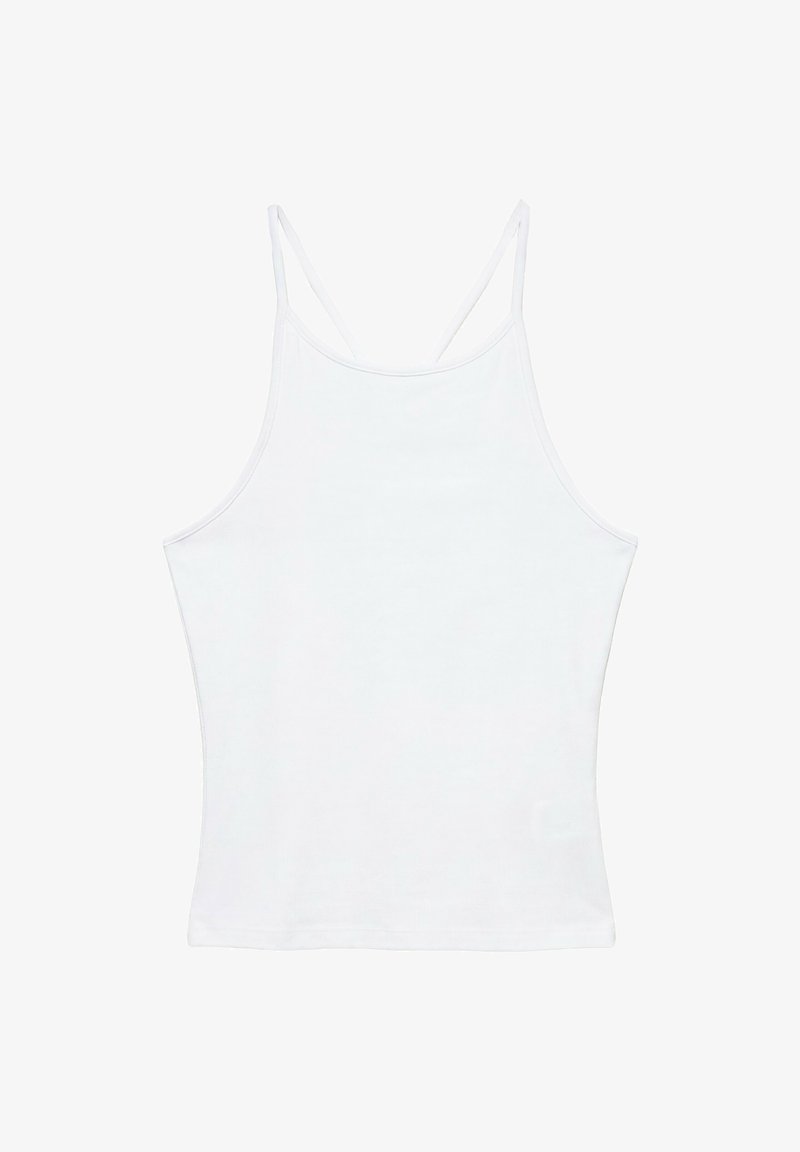 Débardeur blanc sans manches avec fines bretelles doubles et ourlet droit, présenté sur fond blanc.