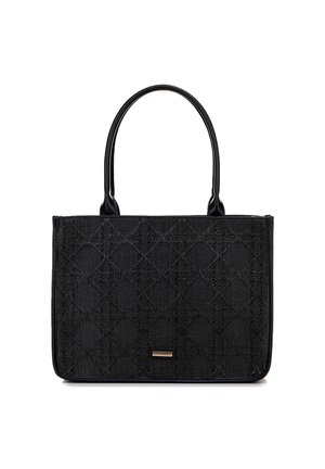 Black rectangular handbag with textured diamond pattern, dual top handles, and a small rectangular metallic brand logo plaque.