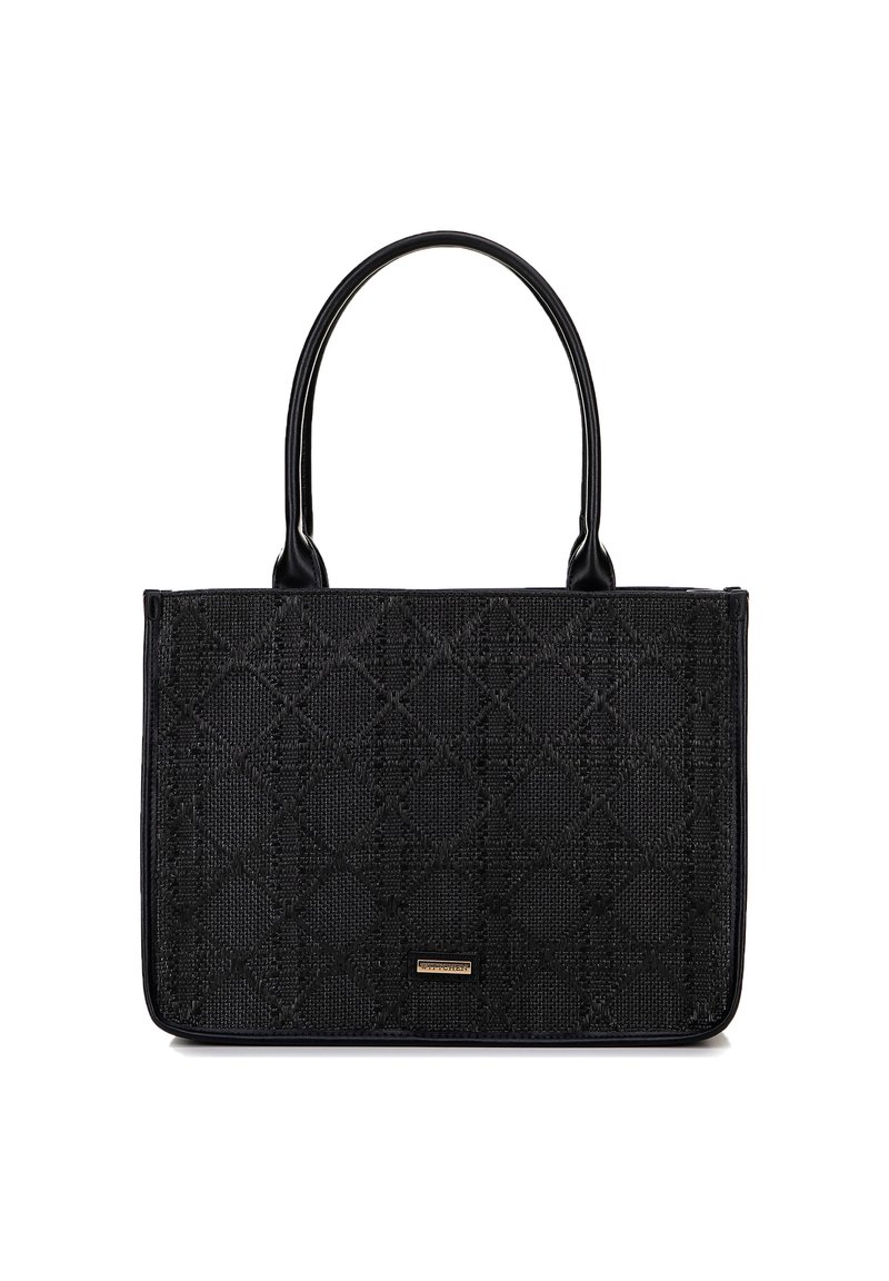 Borsa a tracolla nera rettangolare con motivo a diamante testurizzato, manici superiori doppi e una piccola placca rettangolare in metallo con il logo del marchio.