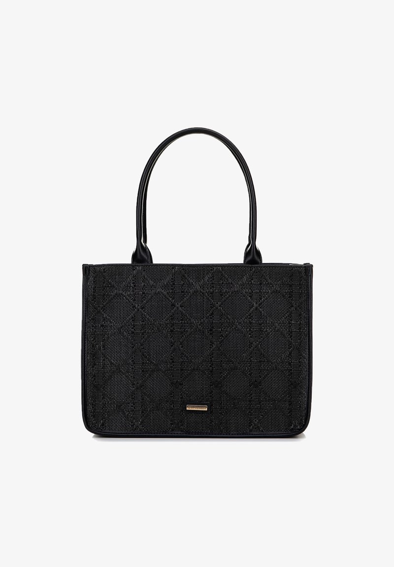 Black rectangular handbag with textured diamond pattern, dual top handles, and a small rectangular metallic brand logo plaque.
