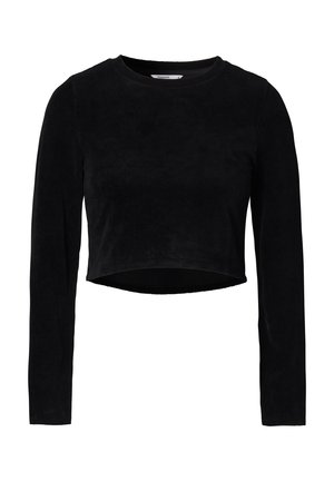 Zwarte corduroy cropped top met lange mouwen, ronde halslijn en een soepele textuur. Heeft een rechte zoom en subtiele stikseldetails.