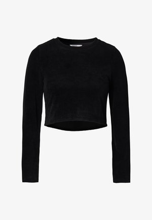 Sort corduroy cropped top med lange ærmer, rund halsudskæring og en glat tekstur. Har en lige kant og subtile syningsdetaljer.