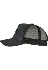 Black baseball cap with a textured holographic front and black mesh back. Features a curved brim and a logo on the front panel.