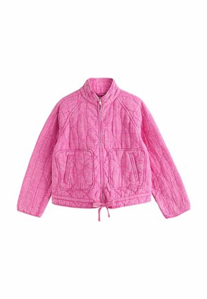Rosa gesteppte Jacke mit durchgehendem Frontreißverschluss, zwei großen quadratischen Taschen, einem Kordelzugsaum und hohem Kragen.