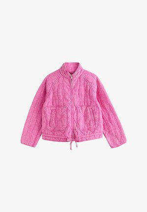 Pink quilted jacket with full front zipper, two large square pockets, a drawstring hem, and a high collar.