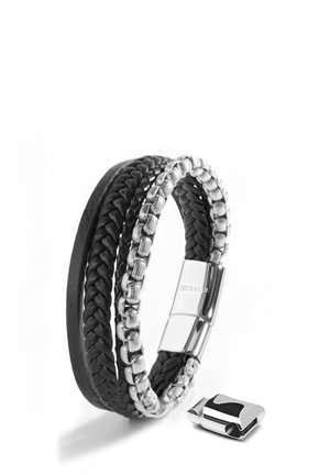 Black braided leather and silver chain bracelet with a shiny rectangular clasp, shown with an extra metal clasp piece beside it.