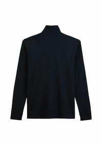 Haut noir à manches longues avec col montant, fabriqué dans un textile lisse. Présente un design simple sans motifs ni accents visibles.