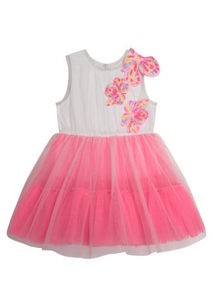 Weißes ärmelloses Kleid mit rosa Tüllrock, verziert mit bunten bestickten Blumenakzenten auf der Schulter und einer geschichteten Textur.