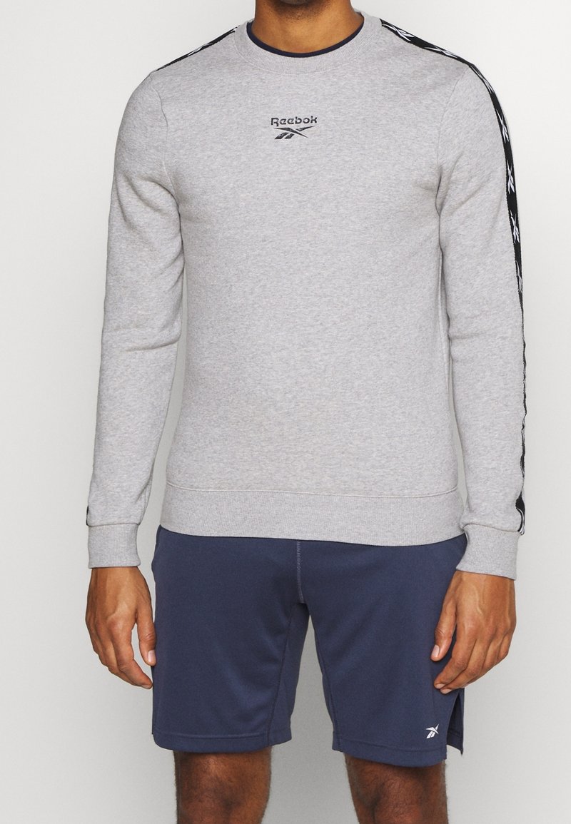 Sweatshirt gris avec col rond et accents rayés noirs sur les manches. Shorts gris avec détail du logo, fabriqués en tissu doux et extensible.