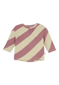 Langarm-Babytop mit breiten diagonal hellcreme- und staubrosa Streifen, rundem Halsausschnitt und kleinen Schulter-Druckknöpfen.
