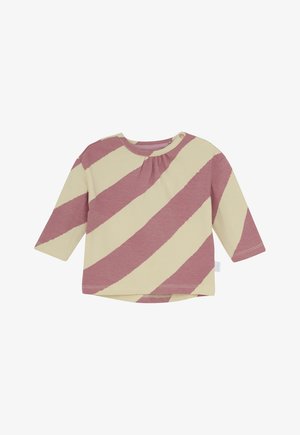 Long-sleeve baby shirt with wide diagonal cream and dusty rose stripes, round neckline, and small shoulder snap button.
