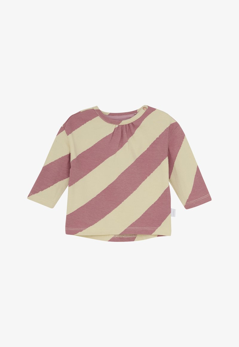 Langarm-Babytop mit breiten diagonal hellcreme- und staubrosa Streifen, rundem Halsausschnitt und kleinen Schulter-Druckknöpfen.