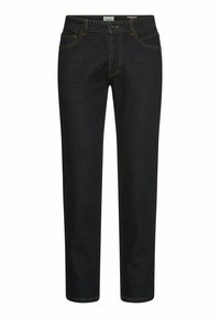 Donkerblauwe jeans met rechte pijpen, vijf zakken, knoopsluiting en oranje stikseldetails, afgebeeld op een witte achtergrond.