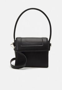 Black leather crossbody bag with a top handle, rectangular shape, magnetic flap closure, and an adjustable strap. Minimalist design, smooth texture.