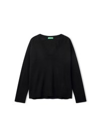 Maglione nero a scollo a V realizzato in tessuto a maglia morbido, con maniche lunghe, polsini a coste e orlo dritto con aperture laterali.