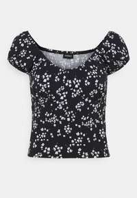 Musta kapeasti istuva lyhythihainen paita, jossa on puffihihet ja pieni valkoinen kukkakuosi.