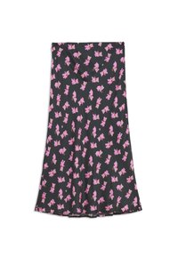 Černá sukně z látky se vzorem malých růžových medvídků s květinovými akcenty. Hladký povrch, délka ke kolenům.