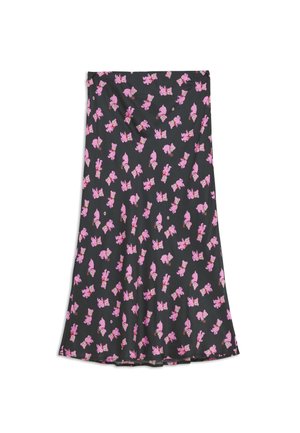 Černá sukně z látky se vzorem malých růžových medvídků s květinovými akcenty. Hladký povrch, délka ke kolenům.