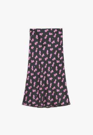 Černá sukně z látky se vzorem malých růžových medvídků s květinovými akcenty. Hladký povrch, délka ke kolenům.
