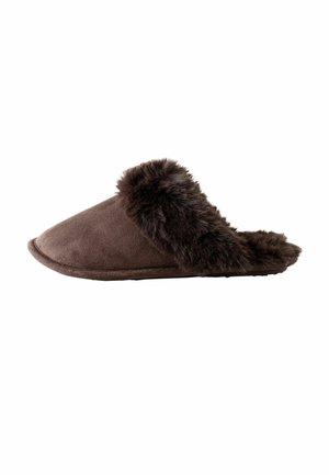 Brown suede slipper with a faux fur cuff, rounded shape, and flat sole. Soft texture and seamless construction without visible hardware.