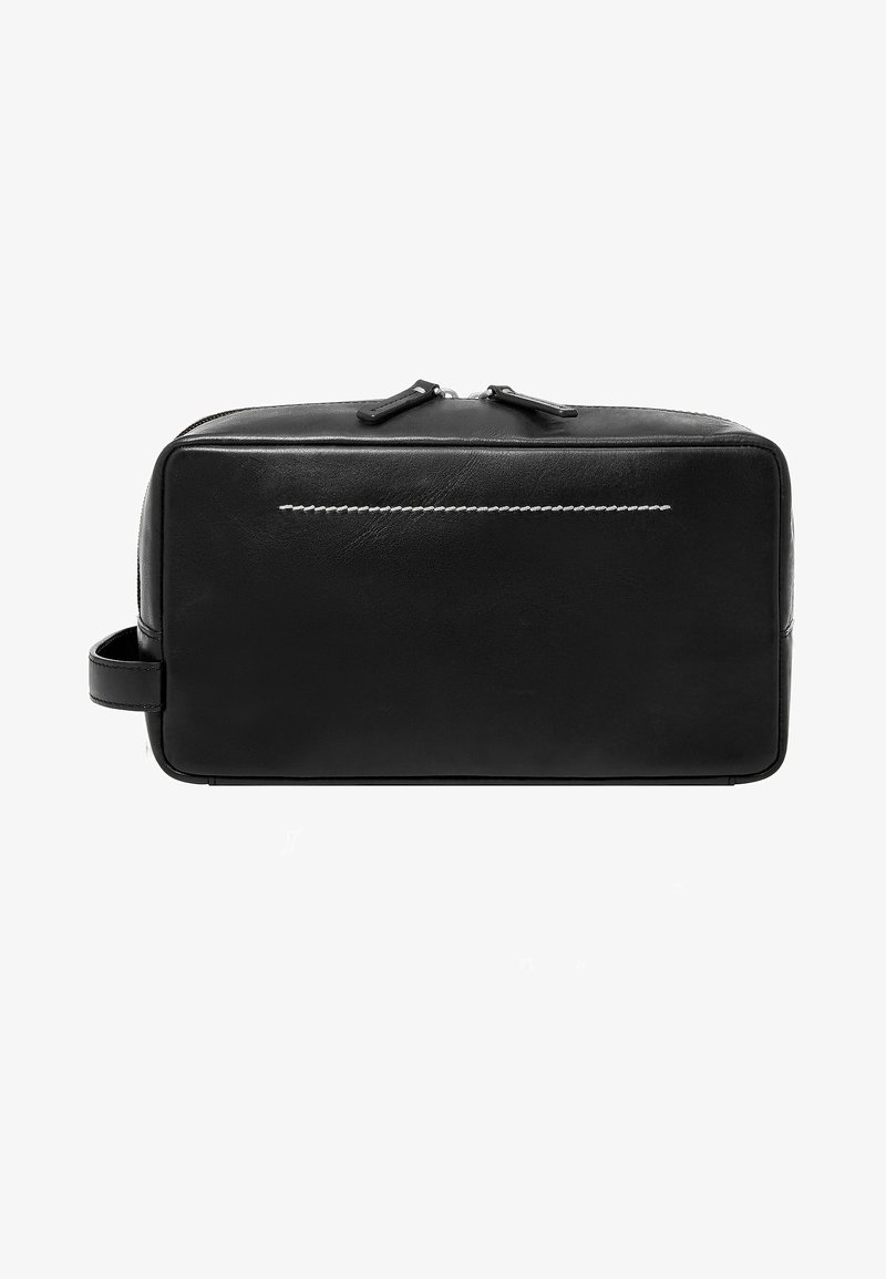 Black leather toiletry bag with a rectangular shape, smooth texture, contrasting stitching detail, and a top zipper closure.