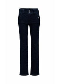 Jeans de denim azul oscuro con un diseño de pierna recta, que cuentan con dos bolsillos frontales y dos bolsillos traseros con acentos de botón.