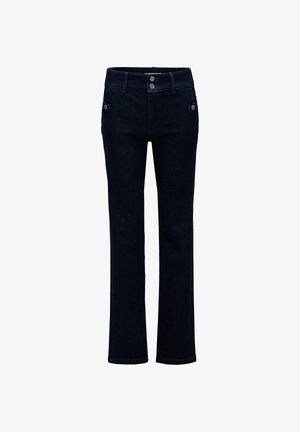 Dark blue denim jeans with a straight leg design, featuring two front pockets and two back pockets with button accents.