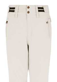 Pantalon beige clair avec deux poches avant zippées, fermeture à double bouton, passants pour ceinture et bandes velcro noires réglables à la taille.