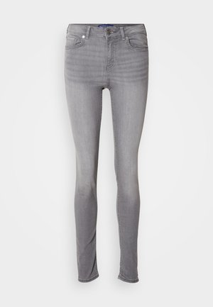 Jeans skinny grigi, materiale denim, design a cinque tasche, passanti per cintura, chiusura frontale con bottone e leggero effetto di sbiadimento sulle gambe.