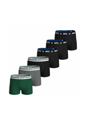 Sechs Paar Herren-Boxershorts in Schwarz, Grau und Grün mit NFL- und NY Jets-Logos auf den Bundbändern.