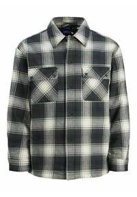 Cămașă flanelată în carouri negre, verzi și albe, cu două buzunare pe piept, închidere cu butoane și guler clasic. Material texturat din lână.