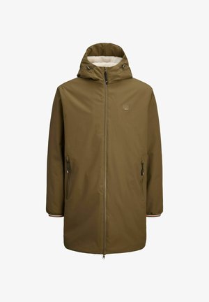 Parka verde oliva con cappuccio, dotata di foderatura in pelliccia sintetica, tasche con zip e un esterno liscio e resistente all'acqua.