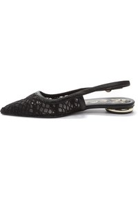 Black lace slingback shoe with a pointed toe, thin strap, and metallic heel accent. Features a textured fabric and smooth interior surface.