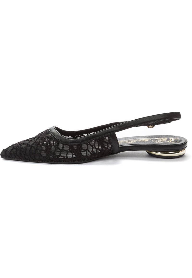 Black lace slingback shoe with a pointed toe, thin strap, and metallic heel accent. Features a textured fabric and smooth interior surface.